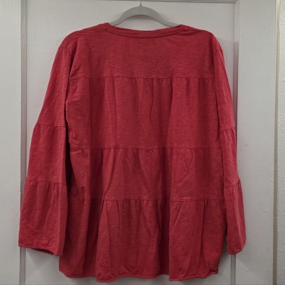 Wild Palms Coral Tiered Babydoll Top XL Cotton Boho V-Neck Blouse - Picture 2 of 7